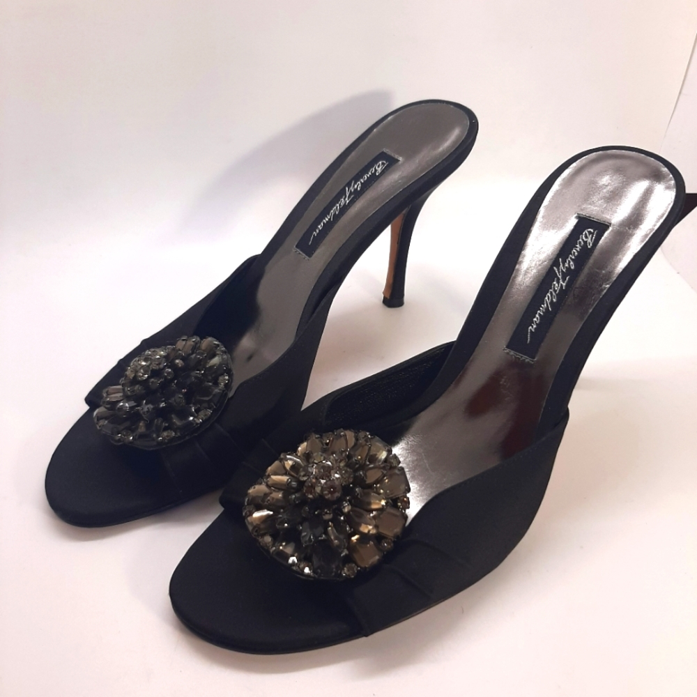 Beverly Feldman Open Toe Slip On Heels Large Smoky  Rhinestone Brooch Shoes